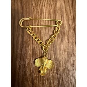 Norma Jean Vintage Gold Tone Elephant Safety Pin‎ Brooch Rhinestone Eyes Chain